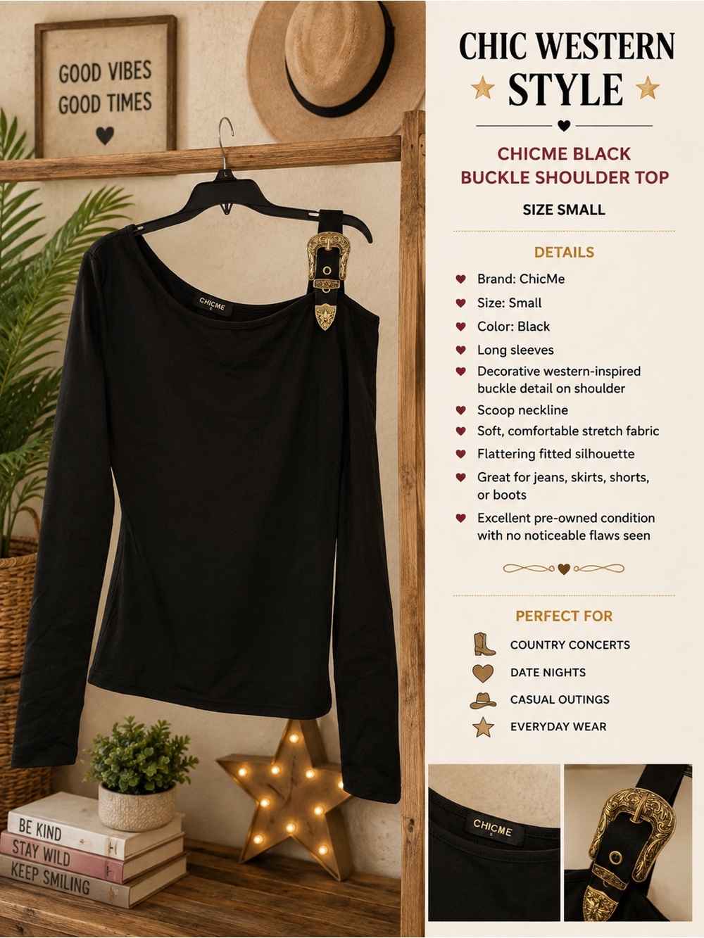 chic Black One-Shoulder Long Sleeve Top with Buckle Accent